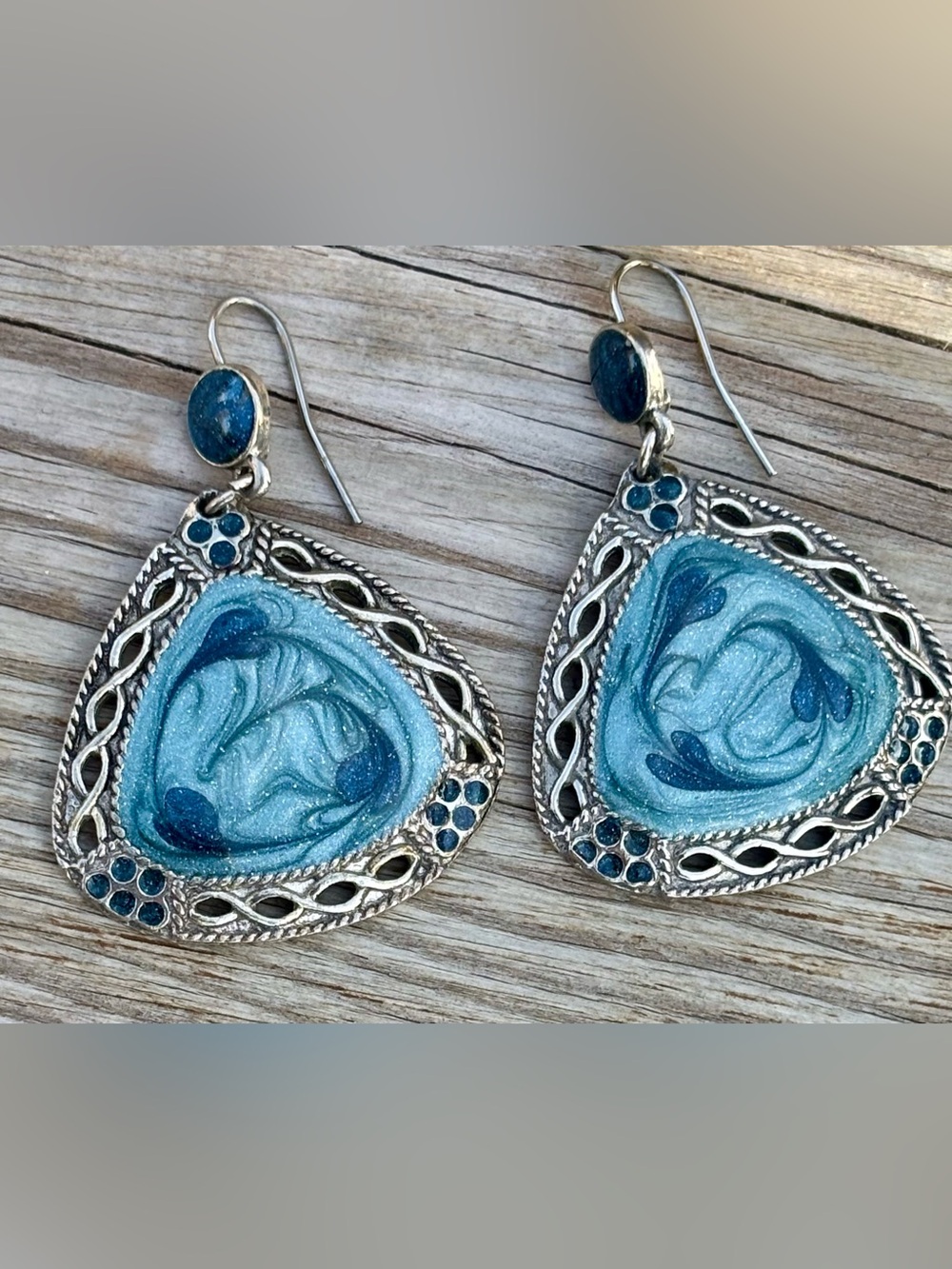 Vintage Blue Enamel Swirl Triangle Dangle Earrings